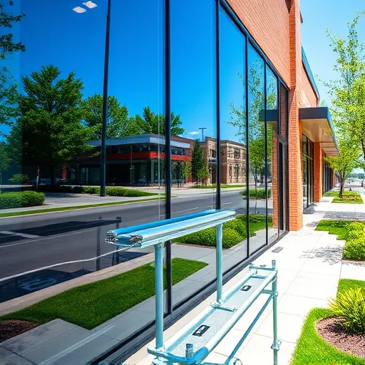 Sparkling clean modern building windows in Bailey’s Arbor MN reflecting blue sky and greenery with professional cleaning tools