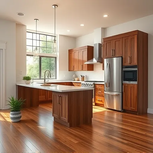 Modern kitchen remodel in South Cottage Grove MN features walnut cabinetry, quartz countertops, and stainless steel appliances.
