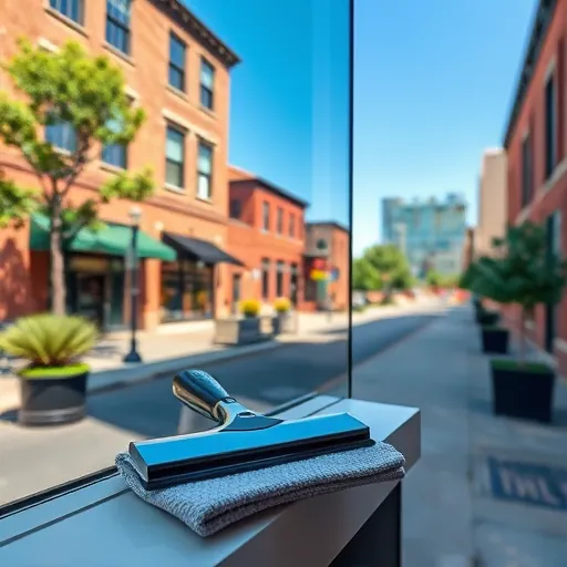 Clean window reflecting blue sky and historic East Hastings architecture with squeegee and microfiber cloth on windowsill
