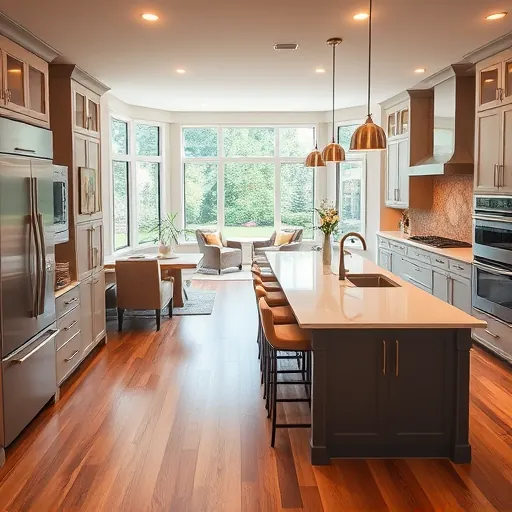 Modern kitchen in Arbor Pointe MN features quartz countertops, sleek cabinetry, and a cozy living room view.