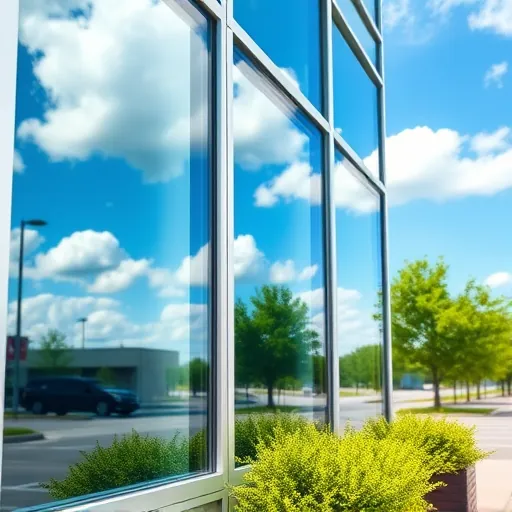 Pristine window reflecting blue sky and clouds outside modern commercial building surrounded by greenery in Arbor Pointe MN