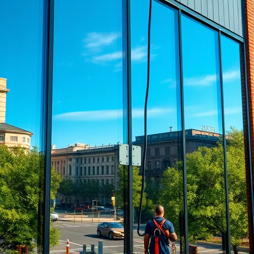 Pristine spotless commercial building window in St. Paul Park MN reflecting surrounding trees brick architecture and blue sky