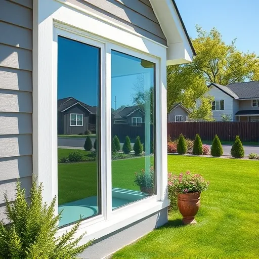 Spotless window in a modern home in Wedgewood MN reflects clear sky and lush backyard, showcasing quality craftsmanship.