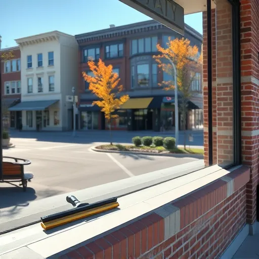 Sparkling storefront window in Stillwater MN reflecting historic brick buildings and vibrant fall foliage with cleaning supplies visible