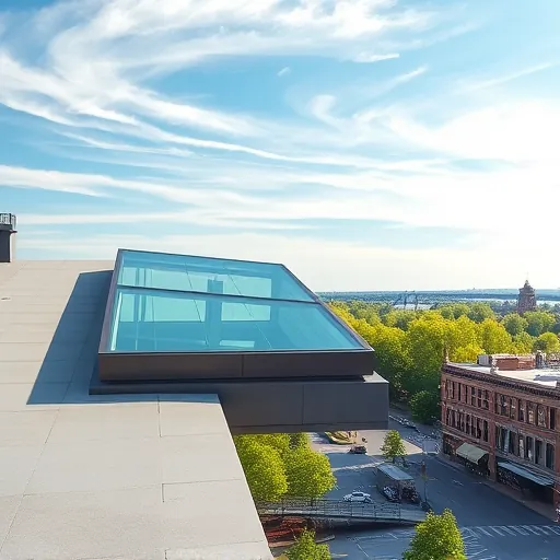 Pristine cleaned skylight on modern Stillwater commercial building with reflections, blue sky, trees, and historic river area