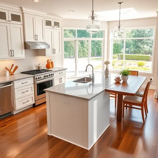 Modern kitchen remodel in North Inver Grove Heights featuring white cabinetry, granite island, and natural wood accents.