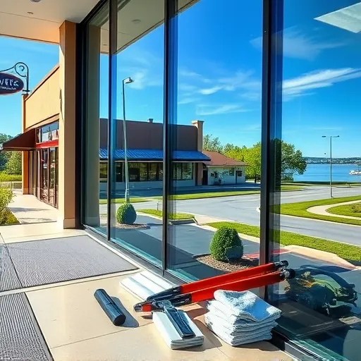 Pristine commercial glass storefront on Grey Cloud Island with spotless windows, cleaning tools, and reflective surroundings