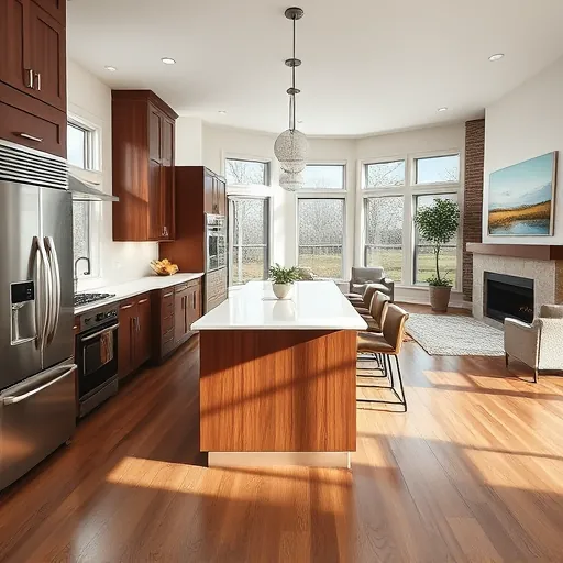 Modern kitchen remodel in Grey Cloud Island Township with sleek appliances, quartz countertops, and elegant wood cabinetry.