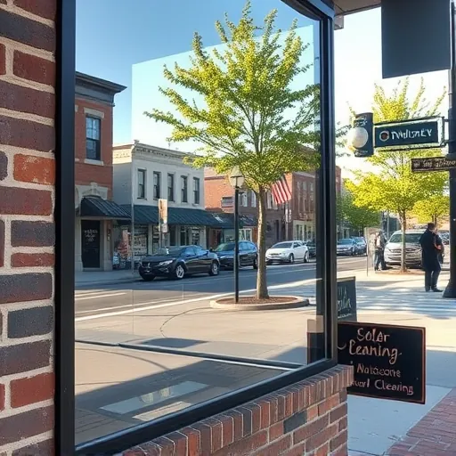 Pristine clean storefront window on brick building in South St. Paul with reflections of neighborhood, street scene, and natural light