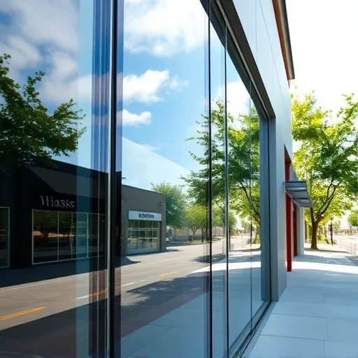 Shiny cleaned window on modern commercial building in Wedgewood MN reflecting neighborhood sky with lush greenery.