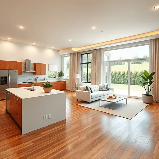 Modern open-concept living space in Inver Grove Heights, MN with elegant lighting, polished floors, and quartz countertops.