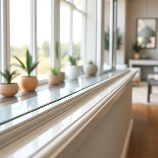 Close-up of a cleaned and polished window track and sill in a bright modern living room with elegant decor and natural light