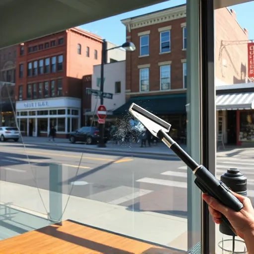 Commercial storefront window being cleaned in downtown Stillwater MN, showcasing vibrant shops and historic buildings.