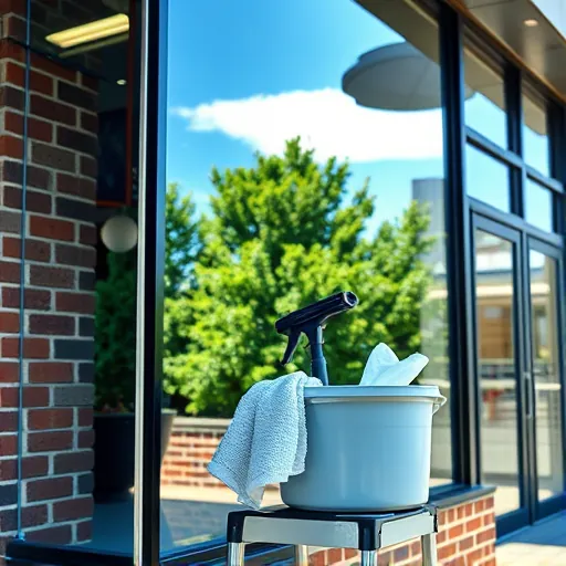 Pristine commercial window cleaning scene in Denmark Township MN with reflective glass storefront and professional tools