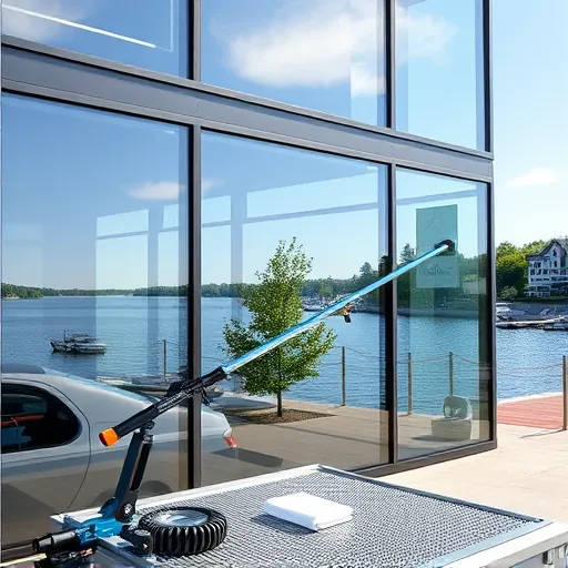 Window cleaning scene in Dancing Waters MN featuring spotless glass reflecting a serene waterfront and lush greenery.