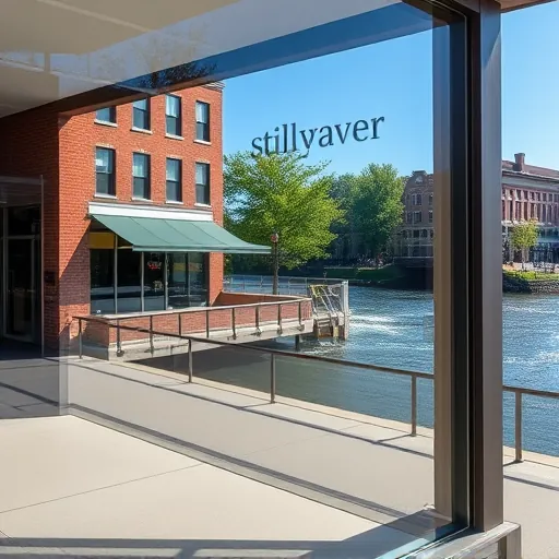 Pristine clean commercial window reflecting Stillwater riverside historic buildings lush greenery and downtown skyline