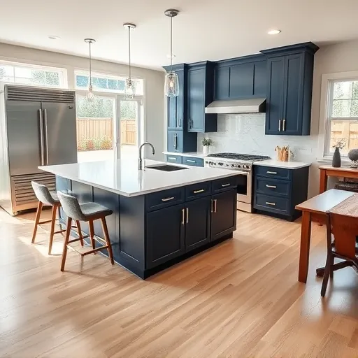 Modern kitchen remodel in Stillwater MN featuring blue cabinetry, quartz island, stainless steel appliances, and natural light.