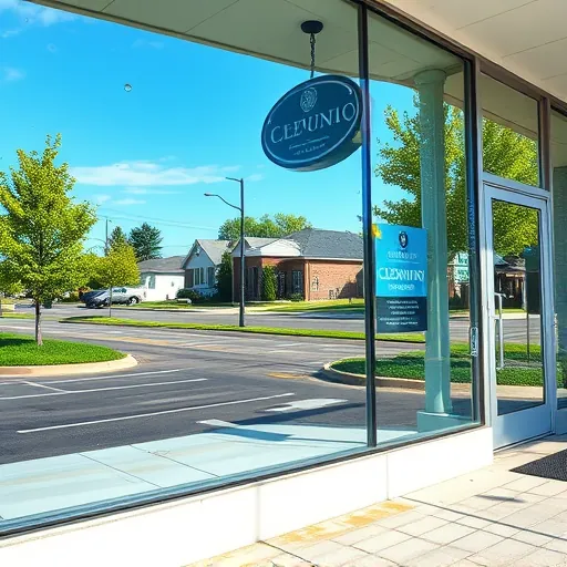 Professional window cleaning scene in Cottage Grove MN, showcasing a spotless storefront with reflections and a clear blue sky.
