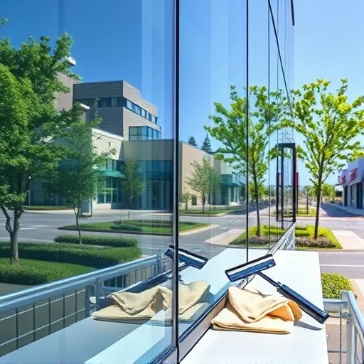 Clean window on modern commercial building reflecting trees sky with professional cleaning tools in North Maplewood MN