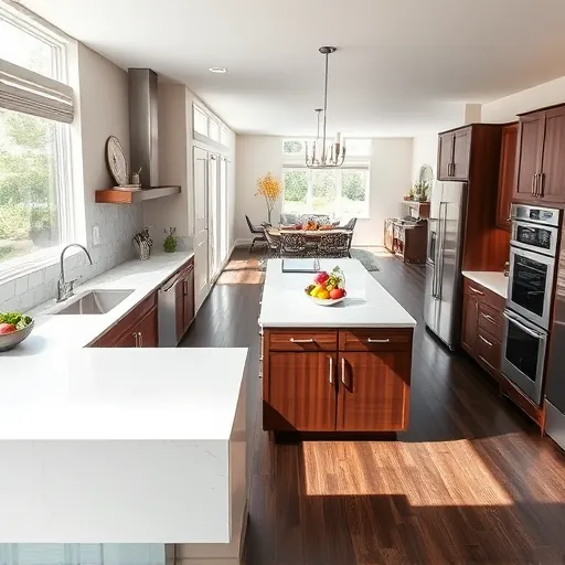 Modern kitchen remodel in North Maplewood MN with quartz countertops, stainless appliances, and rich walnut cabinetry.