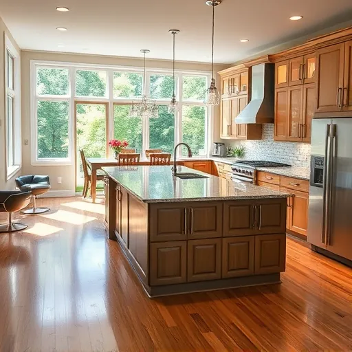 Modern kitchen remodel in Grey Cloud Island MN with granite island, stainless steel appliances, and natural hardwood floors.