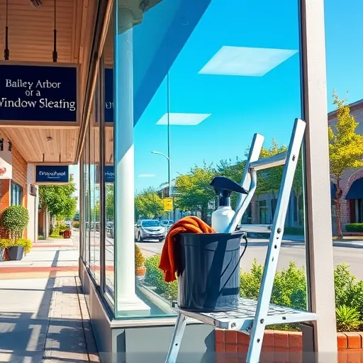 Pristine storefront window cleaning scene in Bailey's Arbor MN with lush greenery and professional cleaning tools.