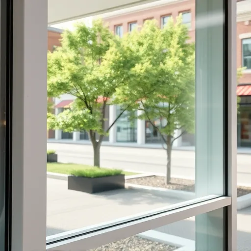 Pristine large window in Stillwater Minnesota reflecting lush greenery and historic brick buildings after professional cleaning