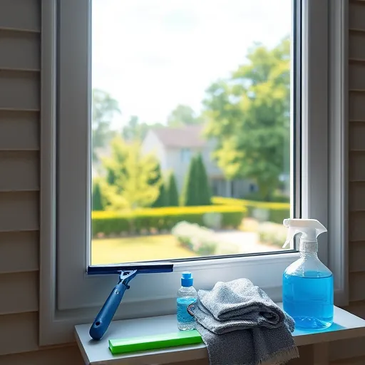 Pristine clean window reflecting bright sky and greenery with dew drops, modern frame, cleaning tools, and a welcoming home exterior