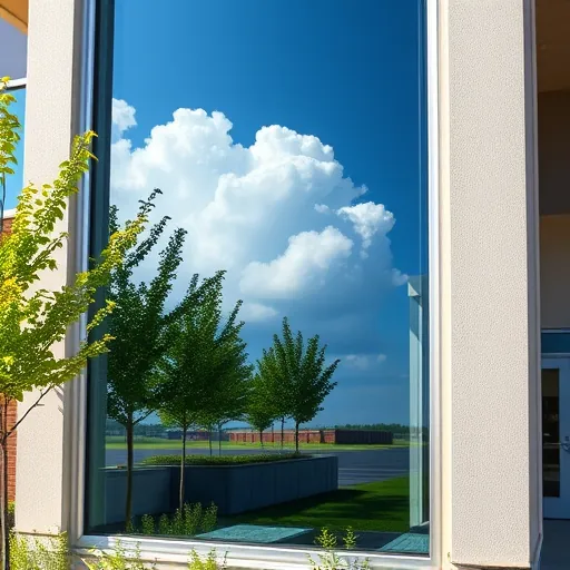 Pristine window reflects blue sky and fluffy clouds framed by a modern building in Grey Cloud Island Township MN.