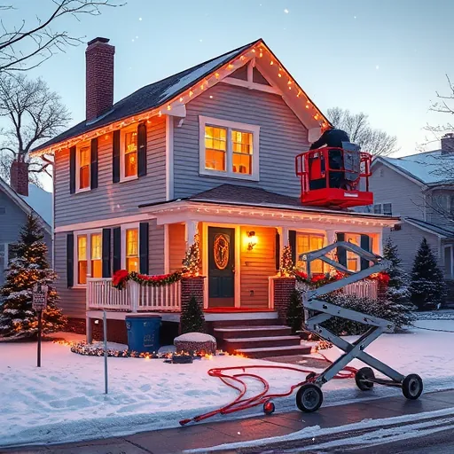 Christmas lights being installed on a decorated house in Stillwater Minnesota with snow, ladders, and festive holiday glow