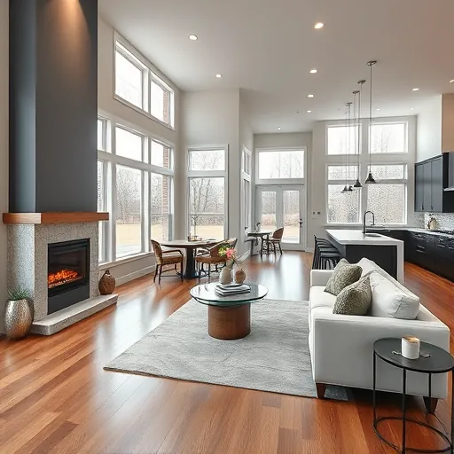 Spacious living room in Lake Elmo Village MN with open concept, hardwood floors, and modern industrial fireplace.