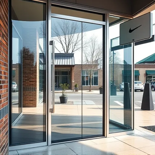 Clear glass door in Stillwater Minnesota with sleek modern frame, spotless clarity, reflections, and a stylish storefront scene