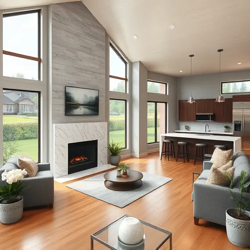 Renovated living room in Grey Cloud Island MN with rustic decor, modern fireplace, and abundant natural light.