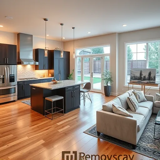 Modern open-concept kitchen and living area in Wedgewood MN featuring high-end appliances and elegant decor