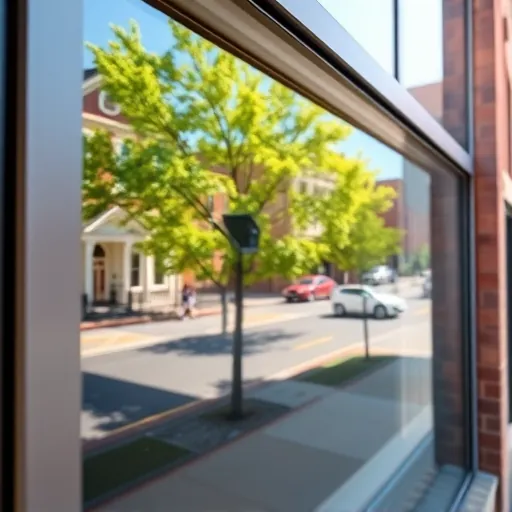Pristine window on a modern building in Stillwater MN reflecting downtown architecture and greenery under bright sunlight.