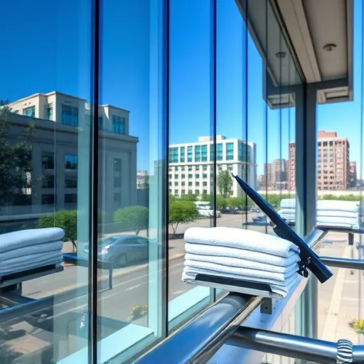 Pristine modern commercial building with large glass windows reflecting blue sky, featuring professional cleaning tools in Burnsville MN