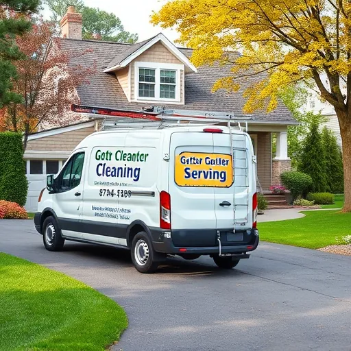 Gutter cleaning service van parked in front of a well-maintained suburban home with clean gutters and professional equipment.