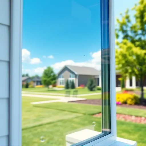 Spotless window reflecting blue sky and clouds on a modern home in Stillwater Minnesota with lush greenery and vibrant flowers