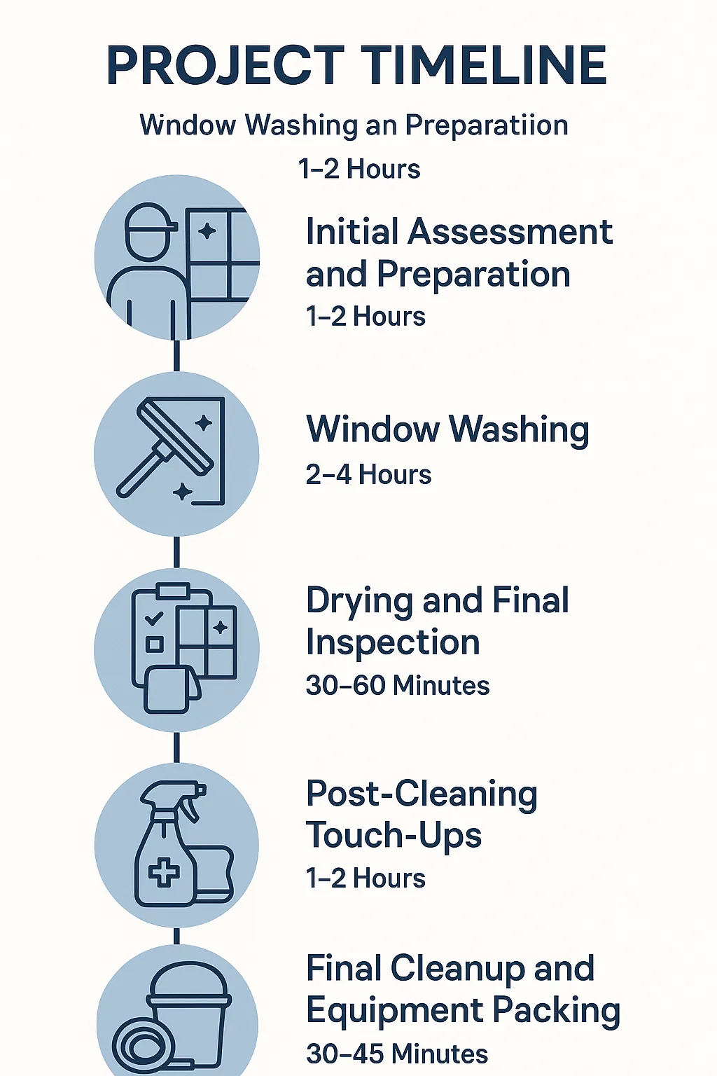 Infographic showing project timeline for window cleaning in Powers Lake Area, MN with five clear steps and minimal text.