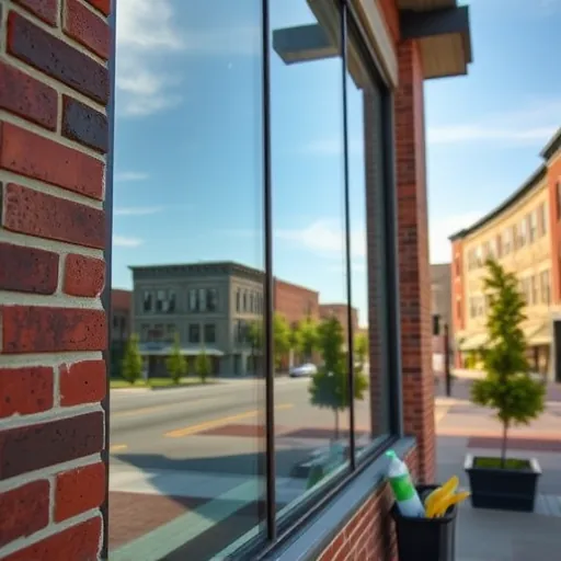 Clean window on a modern building in Stillwater MN reflects historic architecture and greenery, highlighting professionalism.