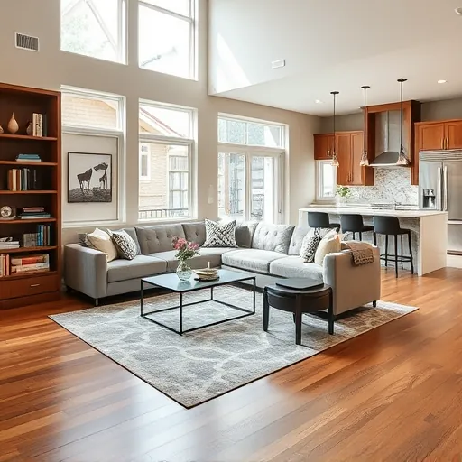 Modern cozy living room in Wildflower Community MN featuring hardwood floors, sectional sofa, and custom bookshelf.