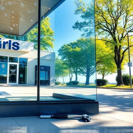 Pristine storefront window on Grey Cloud Island Minnesota showing reflection of blue sky and greenery with cleaning tools.