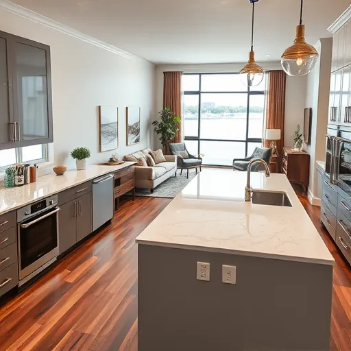 Renovated kitchen in Riverfront MN features modern appliances, quartz countertops, and scenic river views. Elegant décor.