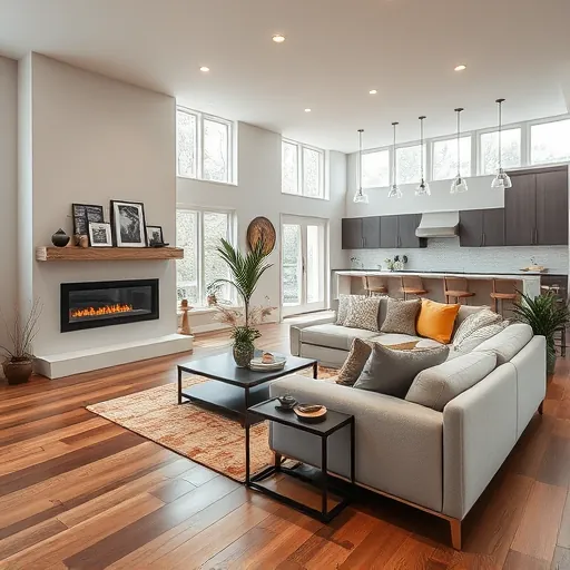 Modern Woodbury MN living room remodel featuring elegant hardwood floors, sleek fireplace, large windows, and stylish decor.