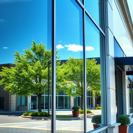 Pristine window cleaning scene in Woodbury MN shows spotless large glass panes reflecting blue sky and green trees