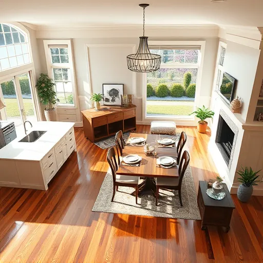 Home remodeling in Newport MN features elegant hardwood floors, modern kitchen, and stylish dining area with chandelier.