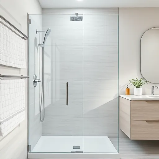 Spotless glass shower door in modern bathroom with sleek tiles, chrome fixtures, natural light, and clean, professional appearance.