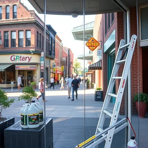 Sparkling storefront window on East Hastings street in Minnesota reflecting city life with cleaning tools and vibrant buildings