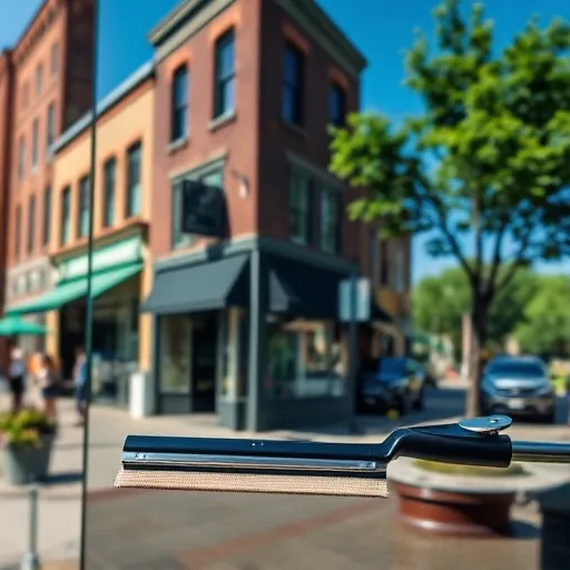 Pristine storefront window cleaning scene in Hastings MN with reflections of historic buildings and vibrant street atmosphere.
