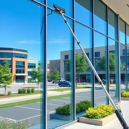 Window cleaning service in Oakdale MN, showcasing a pristine commercial building with gleaming glass and lush landscaping.
